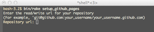 A screenshot of an emacs shell window. Rake has been invoked on setup_github_pages and has asked: Enter the read%2Fwrite url for your repository. For example, git%40github.com:your_username%2Fyour_username.github.com