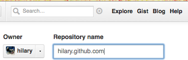 A screenshot of the form for creating a repository on Github, showing hilary.github.com entered in the new repository name field.